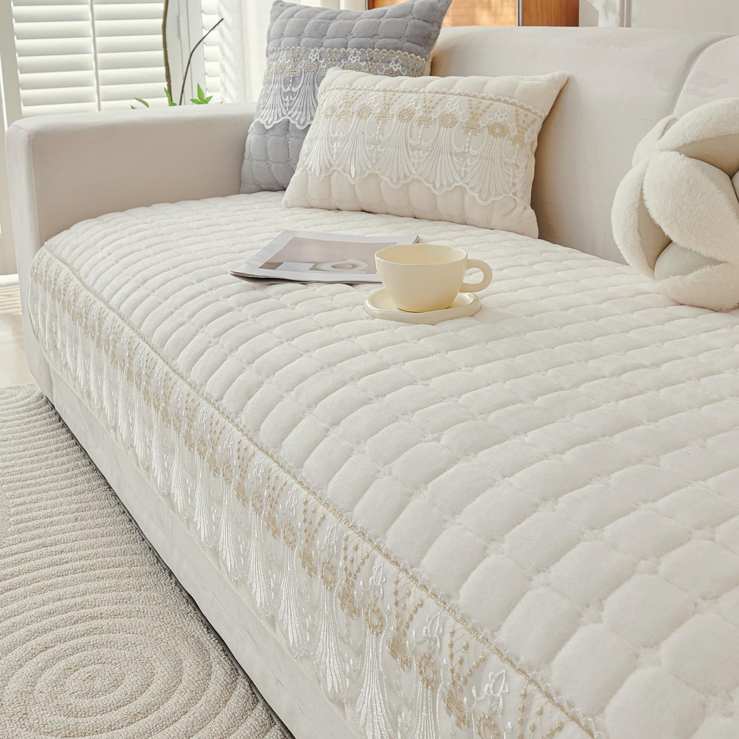 Elegant Milk Velvet Sofa Covers with Lace – Soft, Anti-Slip & Stylish