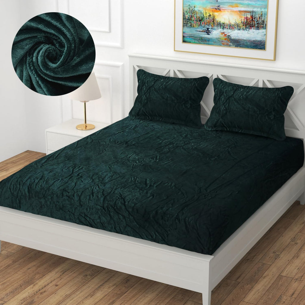 Woolen velvet Elastic Fitted Bedsheet With 2 Pillow Cover - (Green, King)