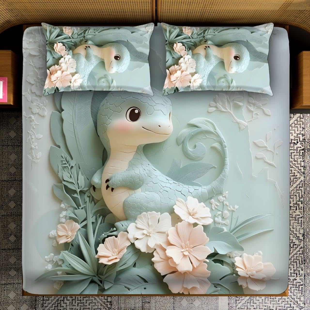 7D Design Queen Size Bedsheet with 2 Pillow Covers -Mini-Dinosaur