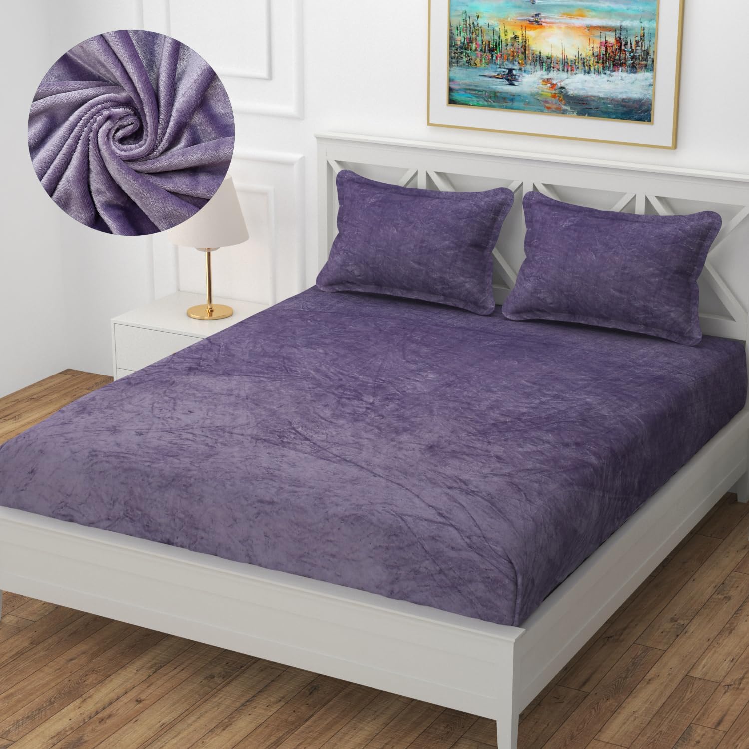 Woolen velvet Elastic Fitted Bedsheet With 2 Pillow Cover - (Purple)