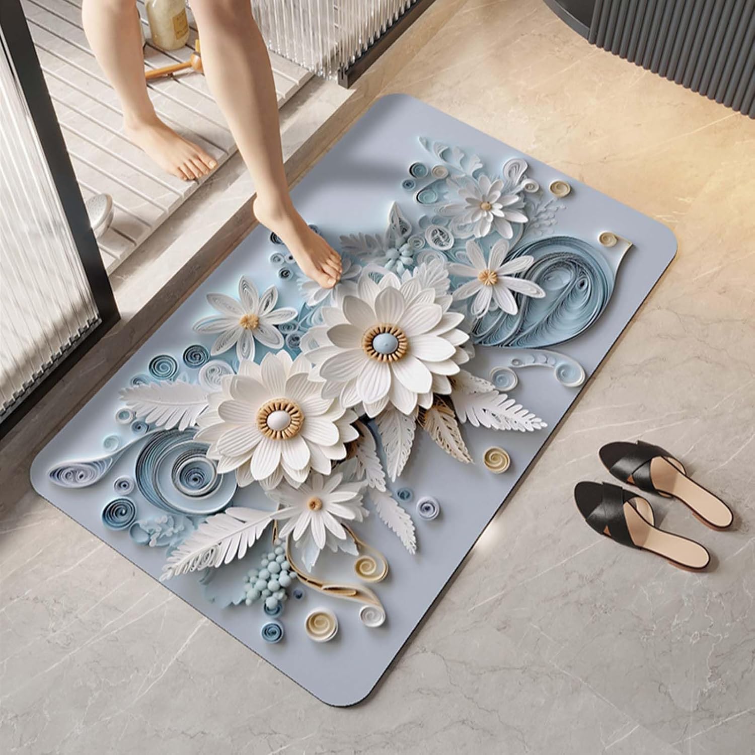 3D Floral Bathroom Floor Mat Soft Non Slip Waterproof Door Mat