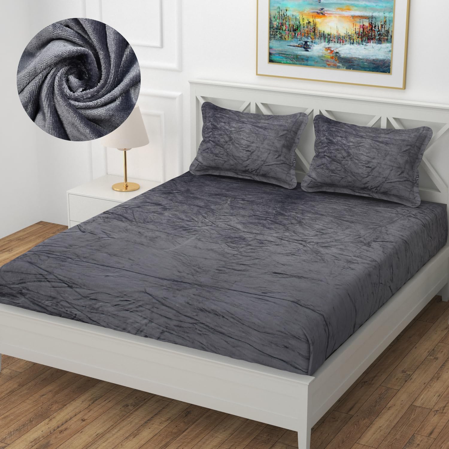 Woolen velvet Elastic Fitted Bedsheet With 2 Pillow Cover - (Grey)