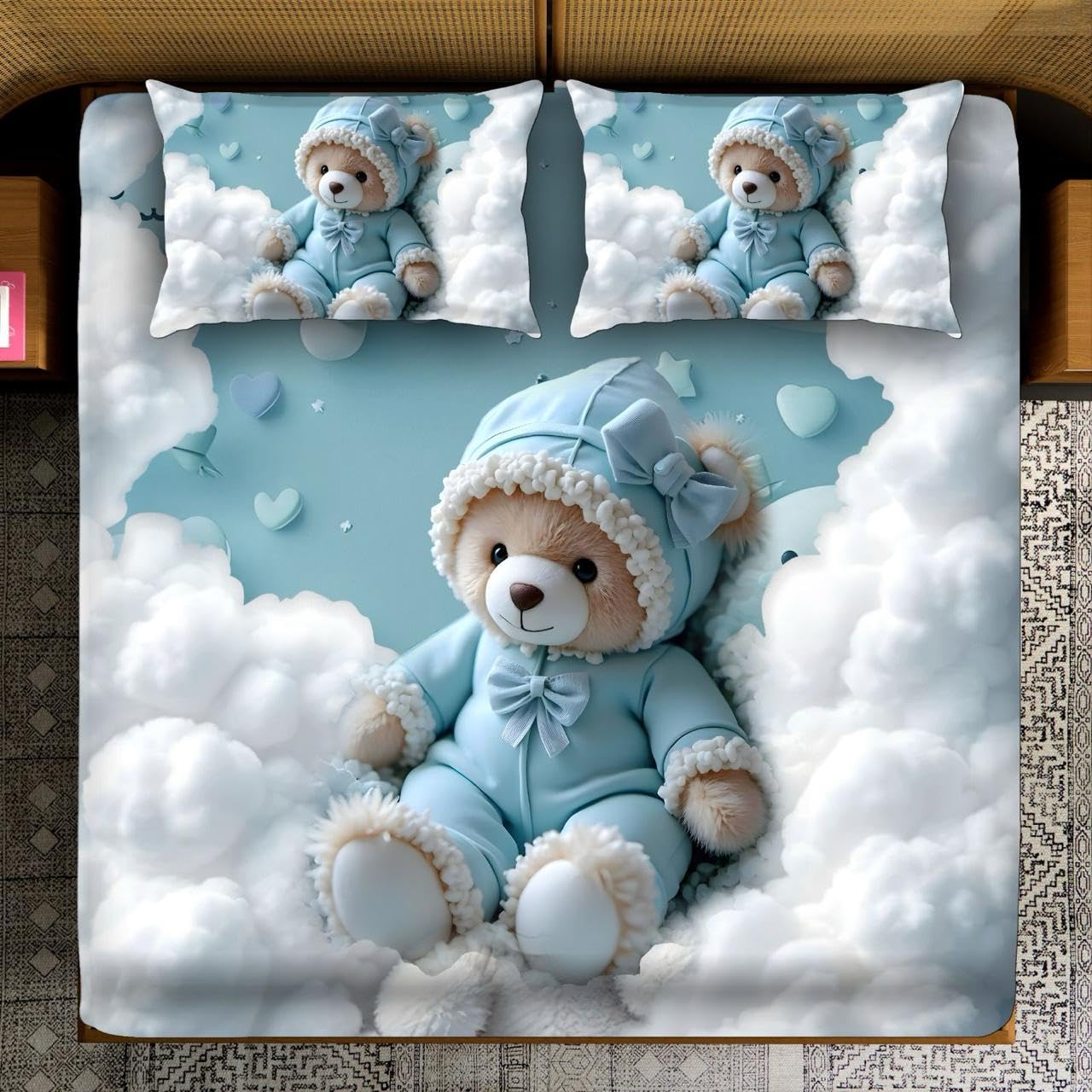 7D Design Queen Size Bedsheet (228x254 Inch) with 2 Pillow Covers (19x29 Inch) (7D-Design-(Mini-Teddy))