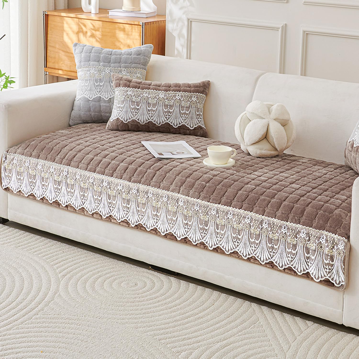 Elegant Milk Velvet Sofa Covers with Lace – Soft, Anti-Slip & Stylish