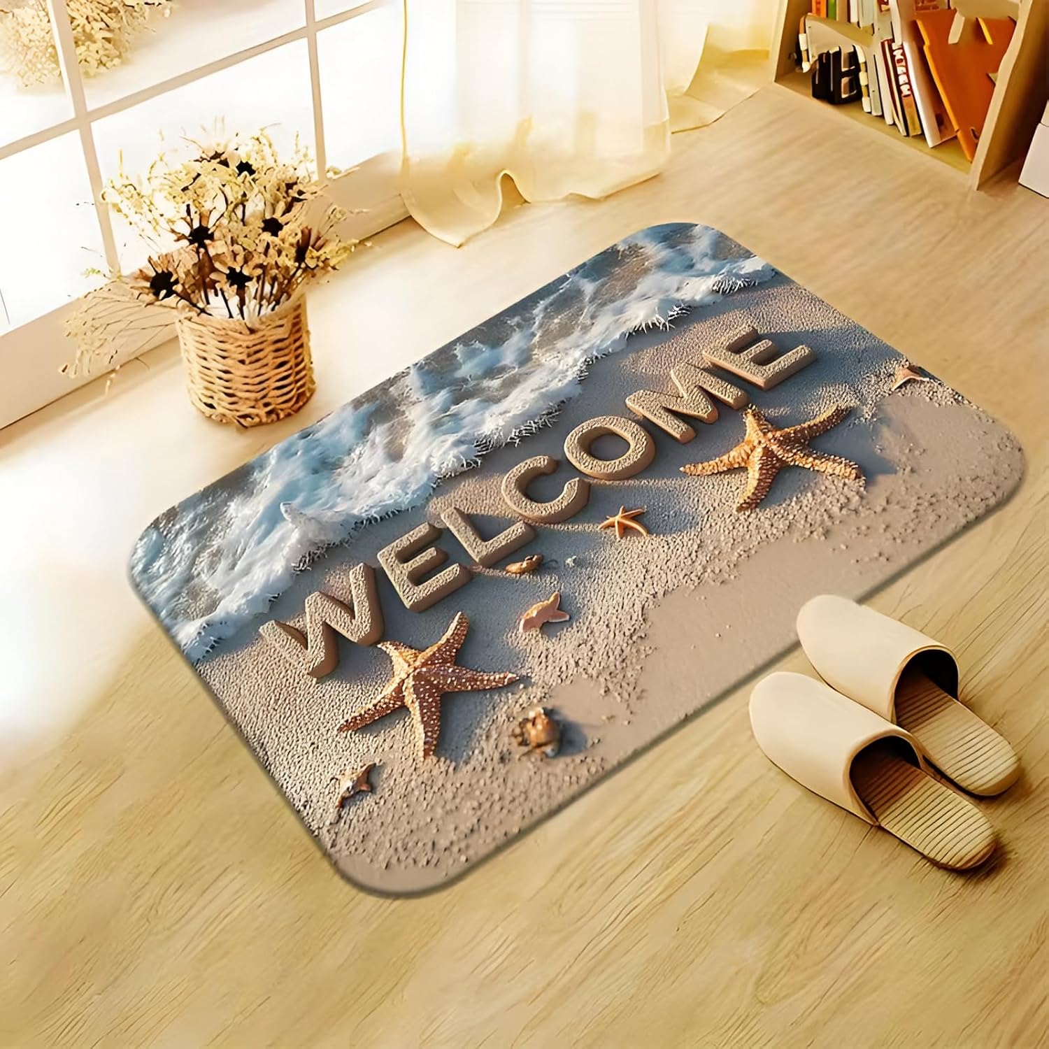 3D Welcome Floor Mat with Beach Design for Home Entryway Decorative Non Slip Door Mat