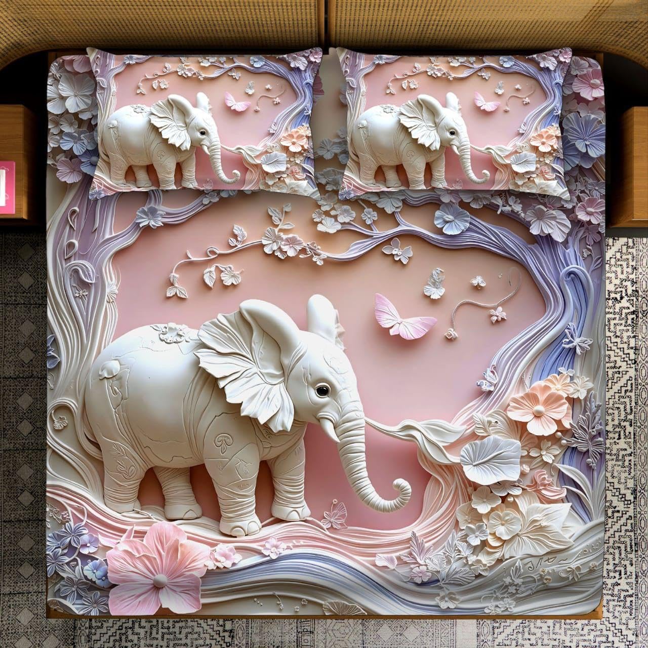 7D Design Queen Size Bedsheet (228x254 Inch) with 2 Pillow Covers (19x29 Inch) (7D-Design-(Elephant))