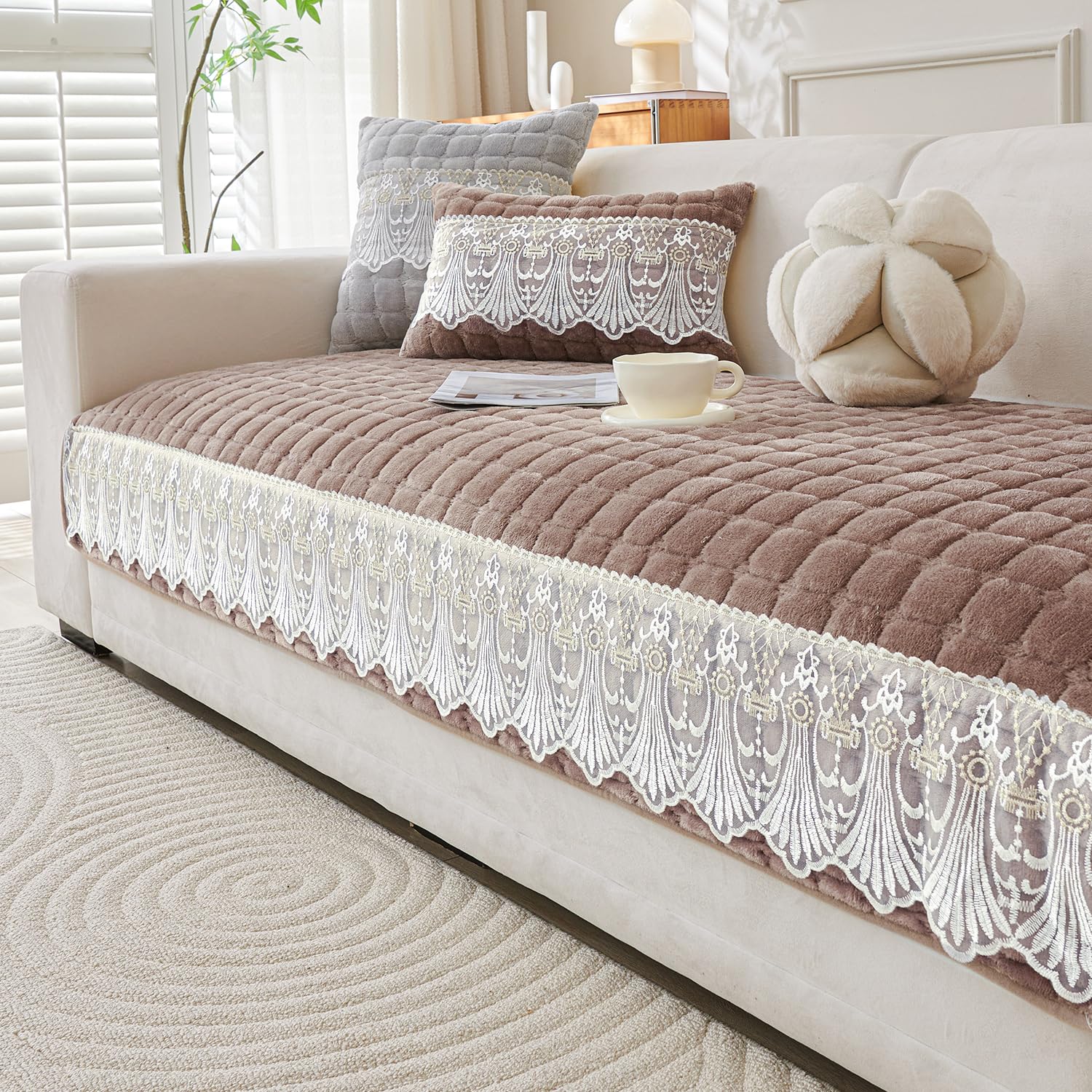 Elegant Milk Velvet Sofa Covers with Lace – Soft, Anti-Slip & Stylish