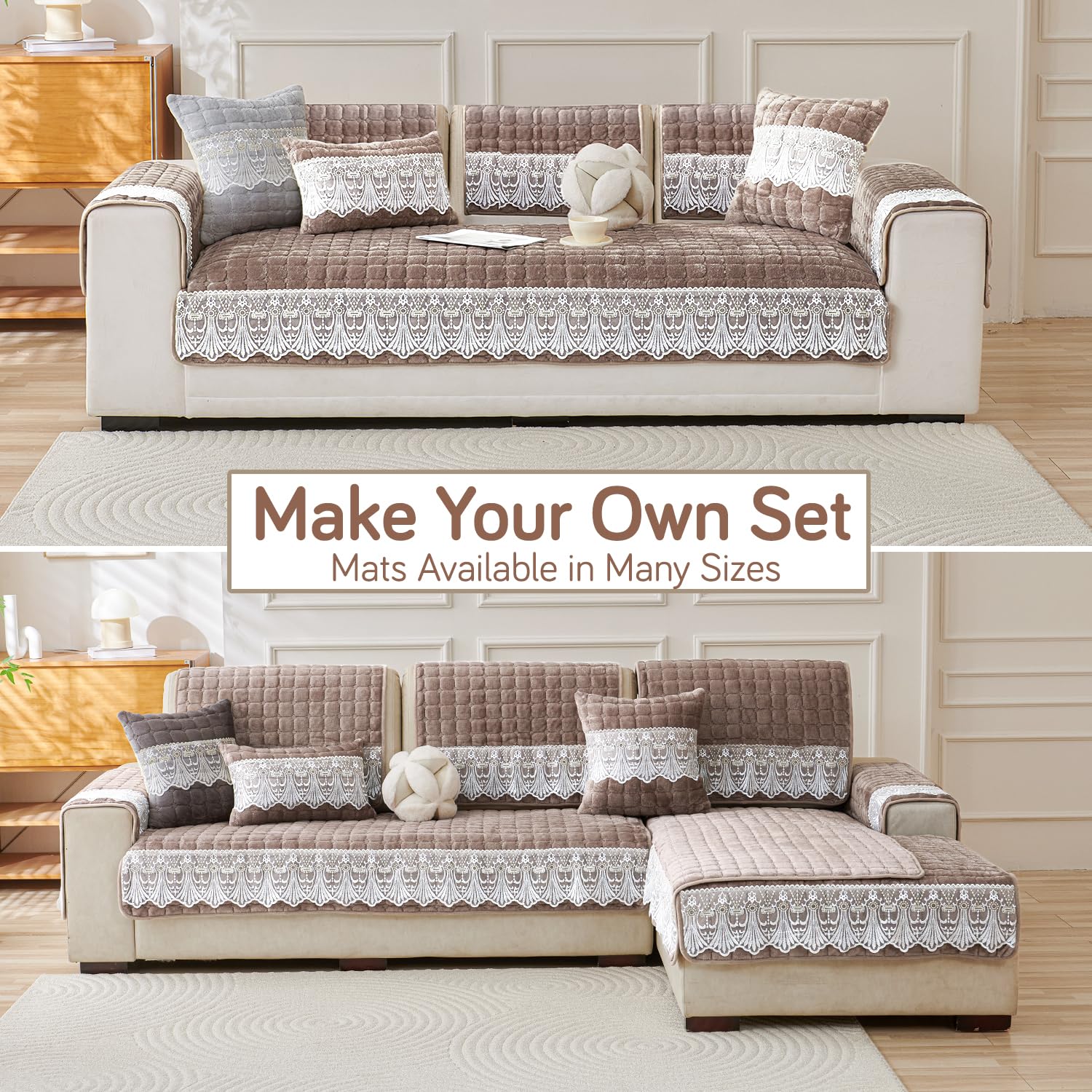 Elegant Milk Velvet Sofa Covers with Lace – Soft, Anti-Slip & Stylish