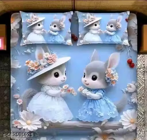 7D Design Queen Size Bedsheet with 2 Pillow Covers - Glace Cotton